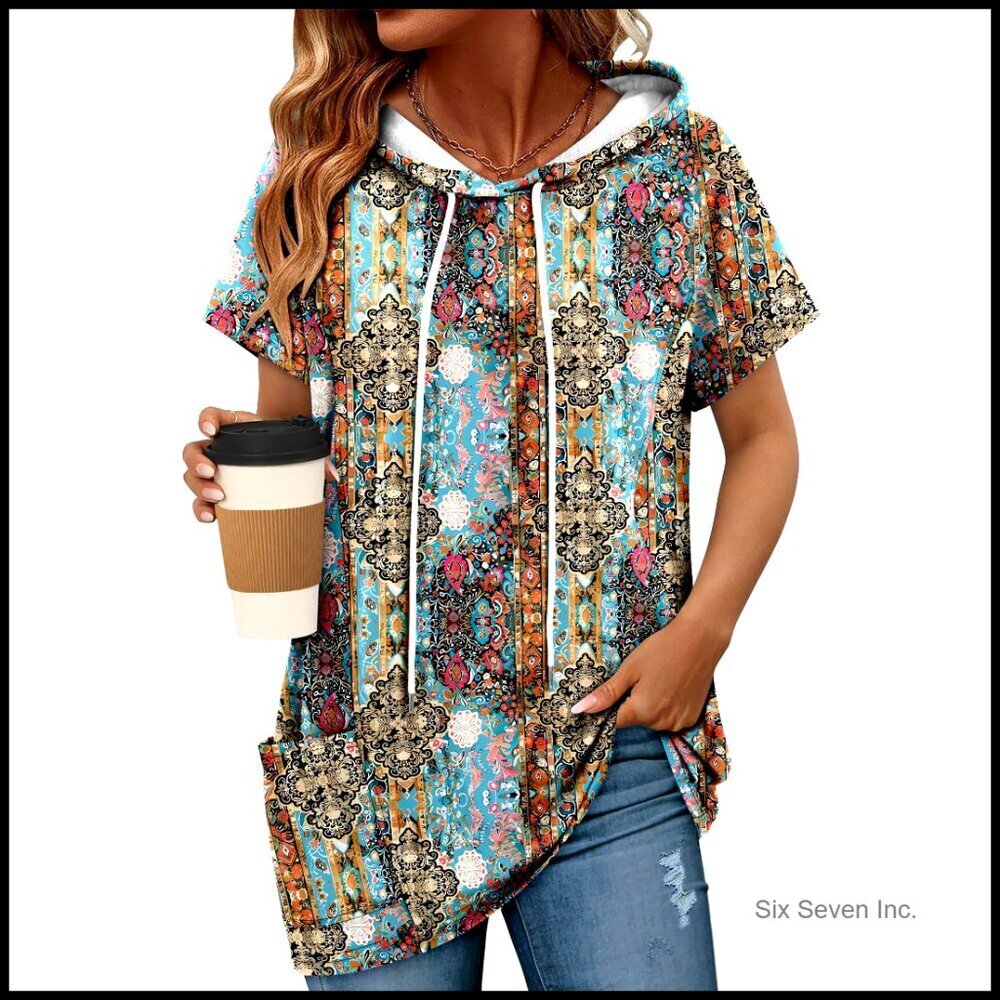 Oversized Hooded Tunic Top Short Sleeve Pullover With Pockets Summer Casual